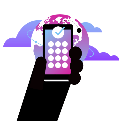 Illustration of an upraised hand holding a cell phone. In the background is a globe and clouds.