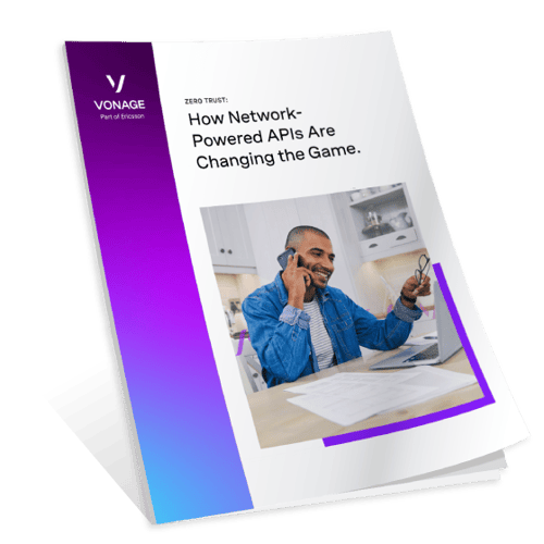 The image features the cover of the whitepaper on "How Network-Powered APIs Are Changing the Game" with a swoosh-like visual at the bottom of the cover page to indicate movement like turning the page of a book