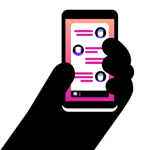 Illustration of a hand holding a mobile phone with a two-way messaging conversation on the screen