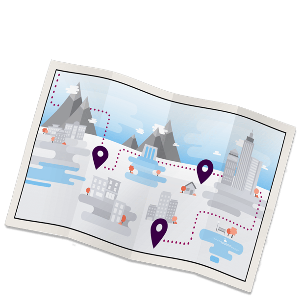 Image of map with illustrations of mountain and city skylines around the world, with dotted lines and location markers throughout